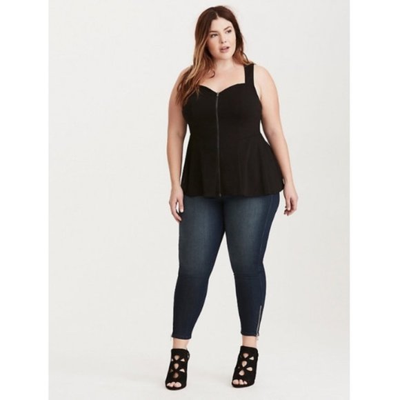 TORRID-BLACK PEPLUM BLOUSE ZIP-FRONT LACE INSET - Picture 1 of 8